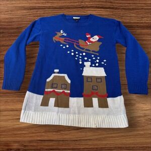 Allison Brittney Womens Blue Santa Reindeer Ugly Christmas Sweater Dress L